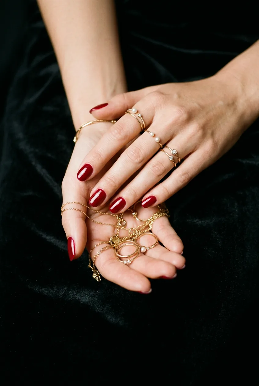 Sophisticated red manicured hands holding gold jewelry against elegant black fabric