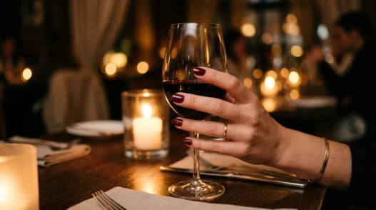 Elegant red manicured hand holding wine glass at romantic candlelit dinner table setting