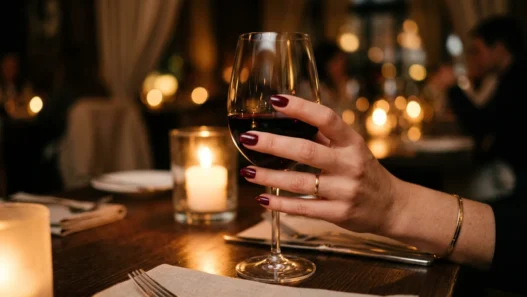Elegant red manicured hand holding wine glass at romantic candlelit dinner table setting