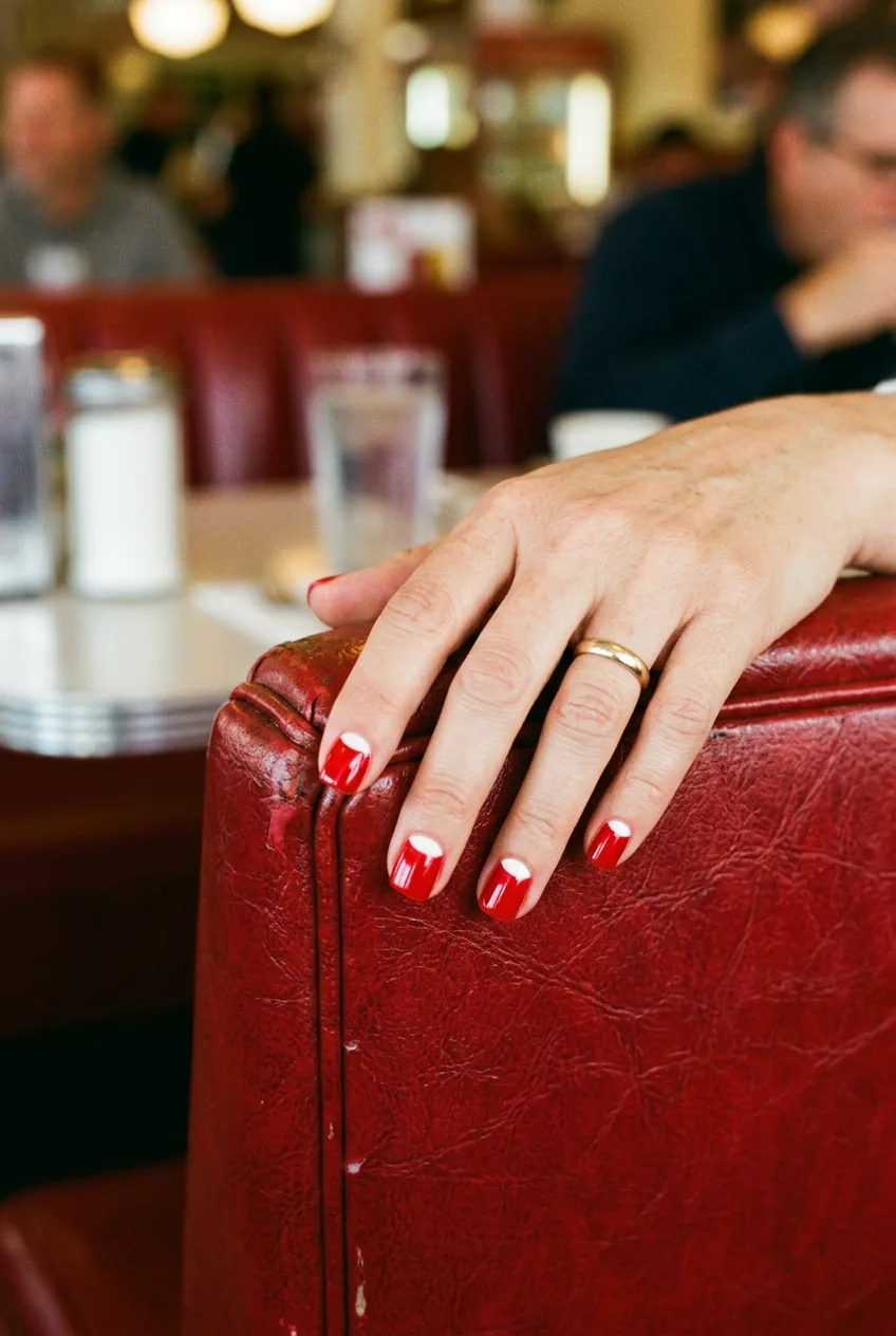 Short square nails in bright cherry red with vintage white half-moon at the base draped over a red vinyl diner seat