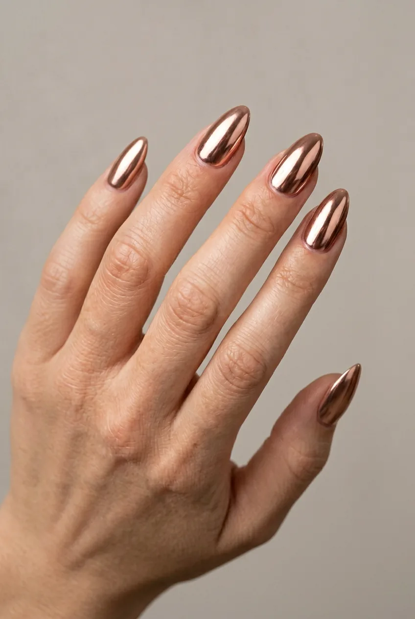 Woman's hand displaying almond nails with rose gold chrome mirror finish reflecting warm metallic tones