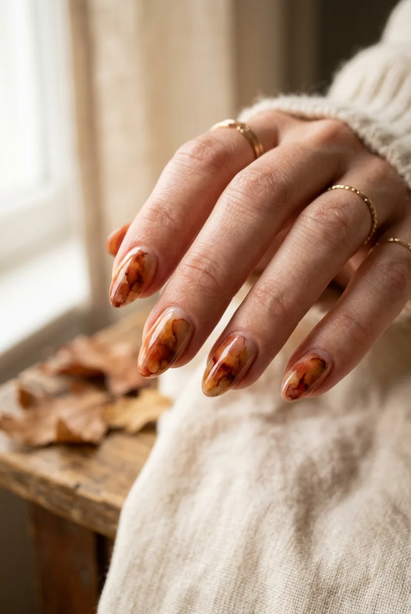 Woman's fingers spread showing watercolour wash nail art in rust ochre and terracotta tones bleeding softly into each other