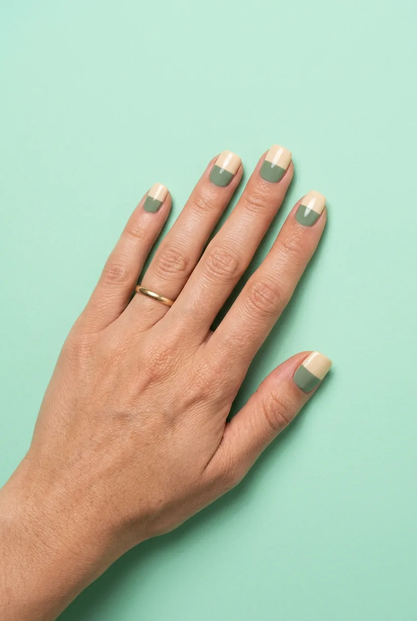 Short square nails in a two-tone sage green and warm cream colorblock design with a sharp horizontal dividing line
