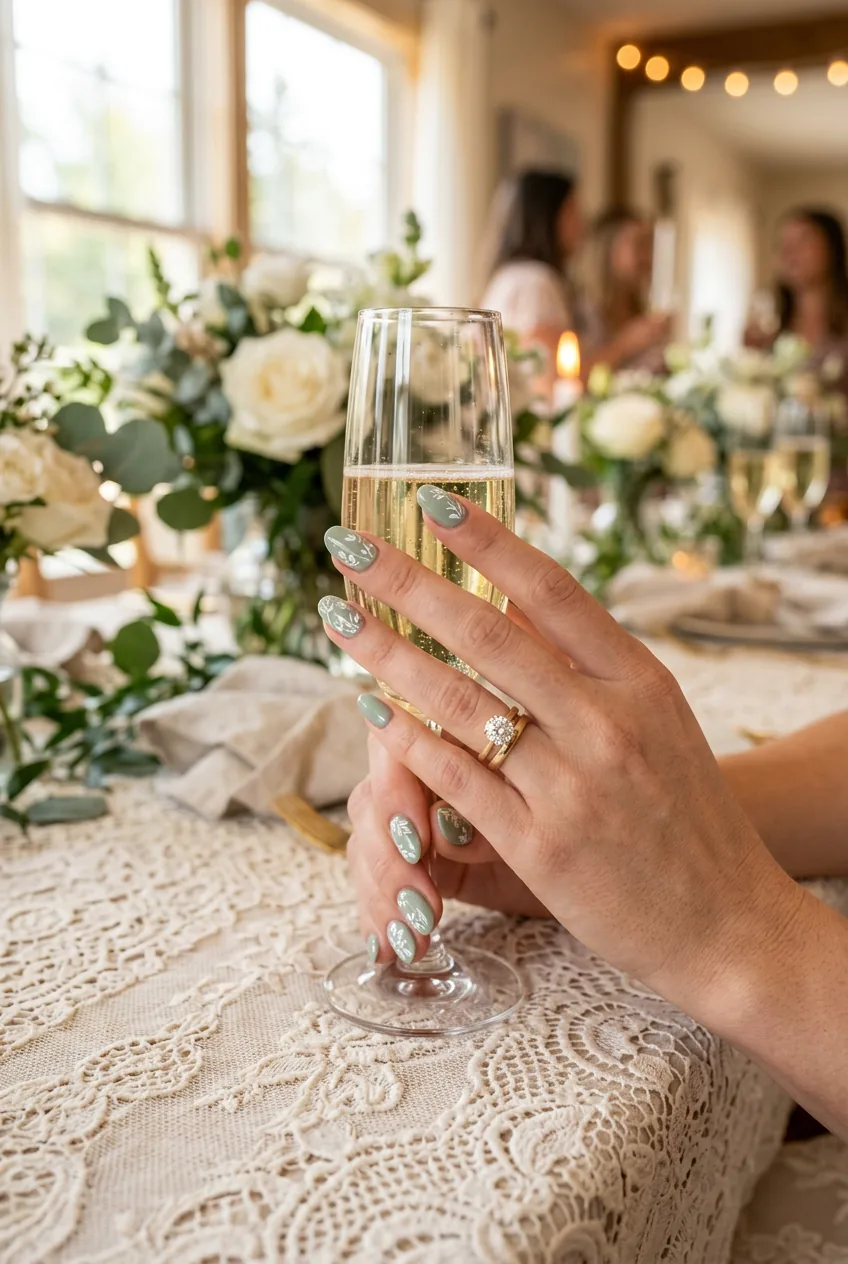 Elegant hands with sage green floral accent nails holding champagne flute at bridal shower