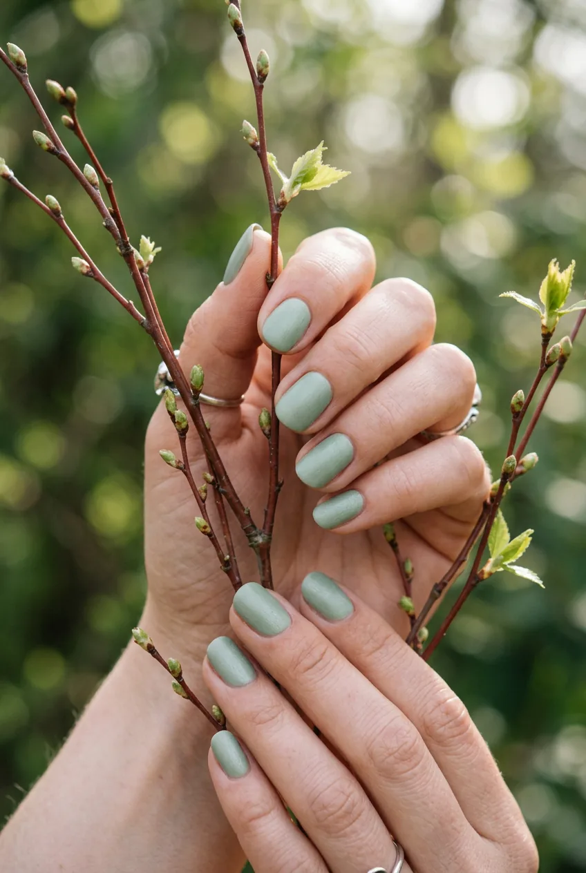 Close-up of sage green satin finish nails holding delicate spring branches with early buds in natural light