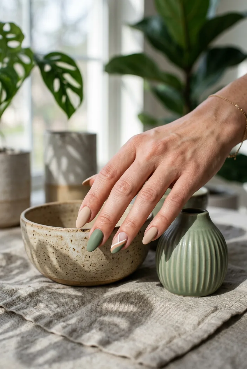 Sage green and sand beige neutral nails resting on ceramic pottery with natural lighting