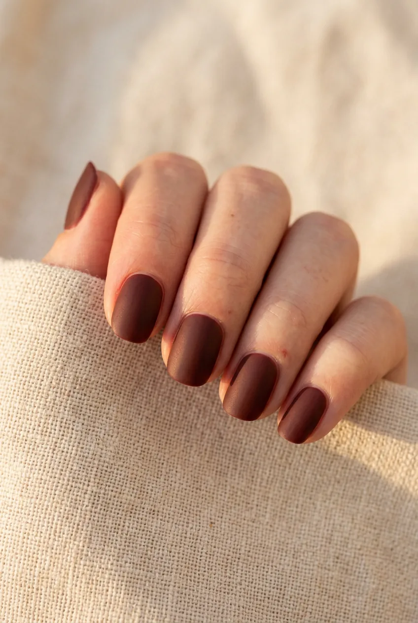 Close-up macro shot of five satin burgundy-brown nails flat on cream linen in warm golden side lighting
