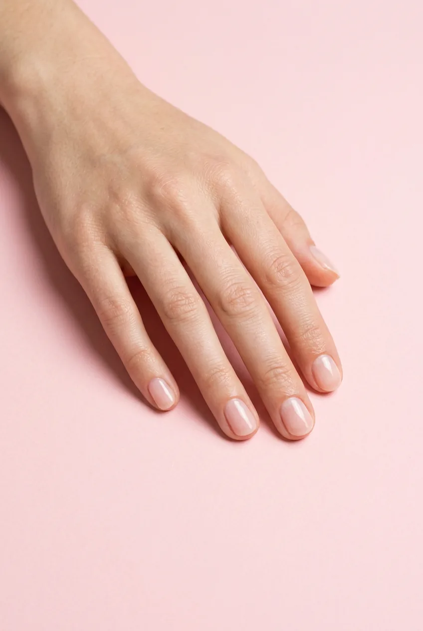 Short round nails in a barely-there sheer blush polish showing slight translucency under bright studio light on pink backdrop