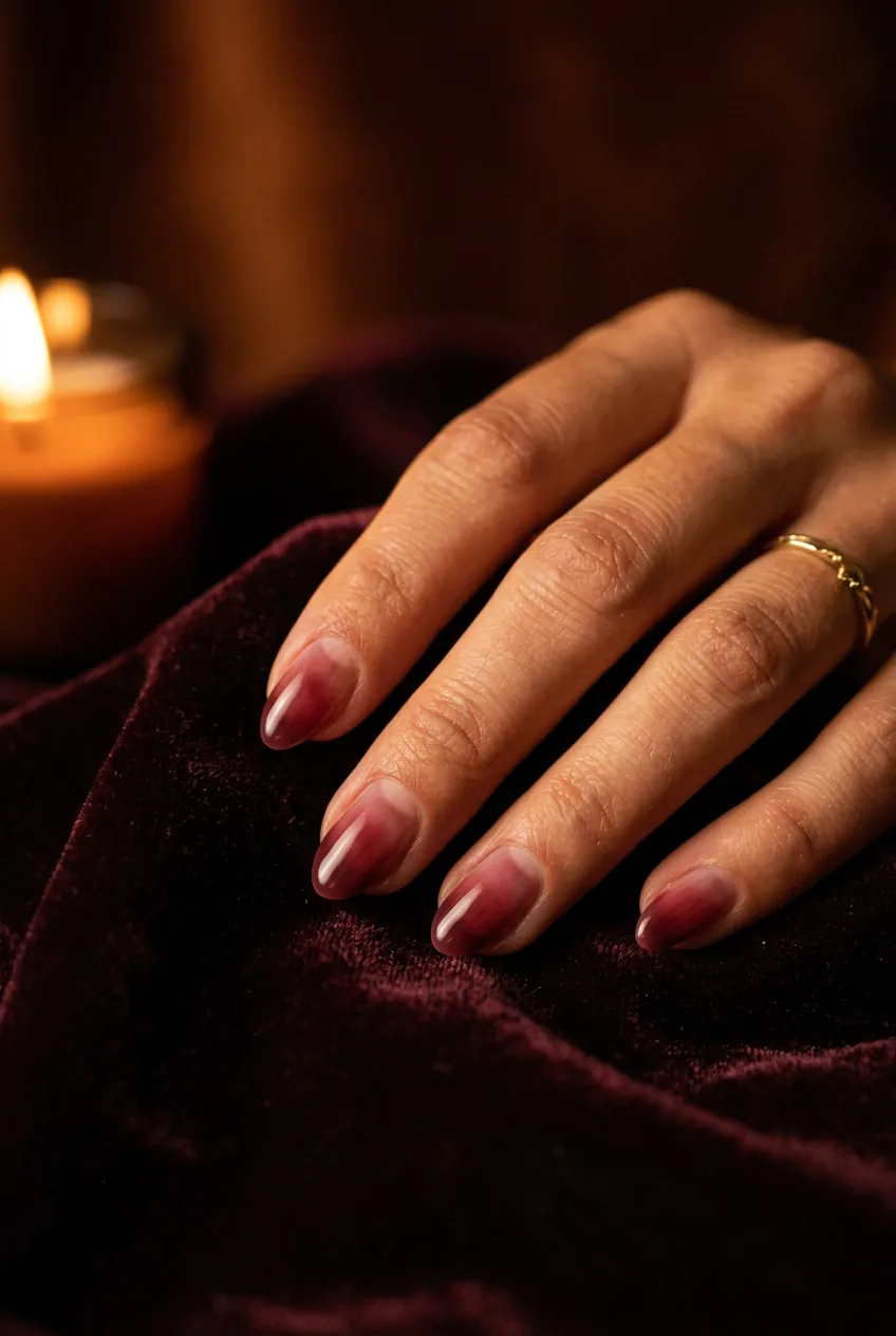 Woman's fingers against dark velvet showing sheer burgundy jelly nails with natural nail colour visible beneath the stain finish