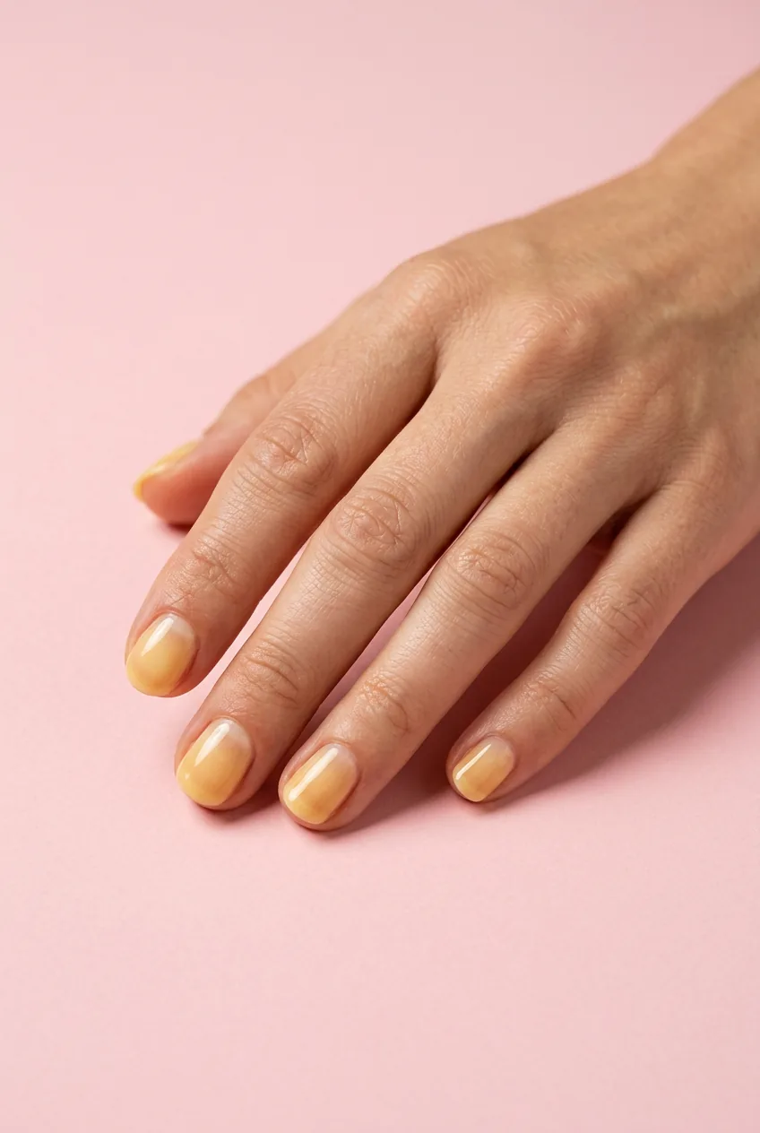 Short round nails in sheer melted butter yellow showing translucency over natural nail on a pastel pink backdrop