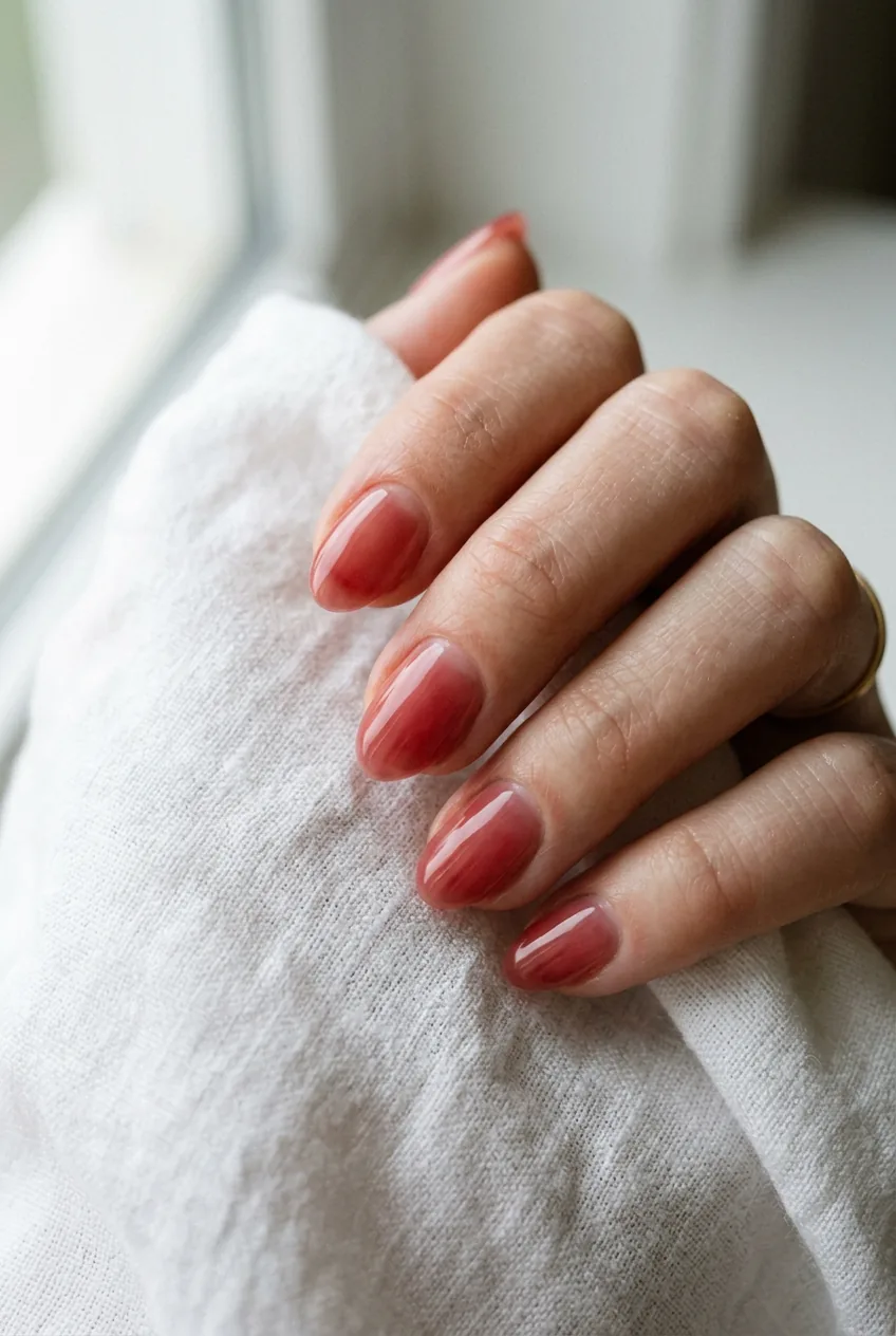 Short almond-shaped nails in sheer cherry gloss finish resting on white linen in soft side window light