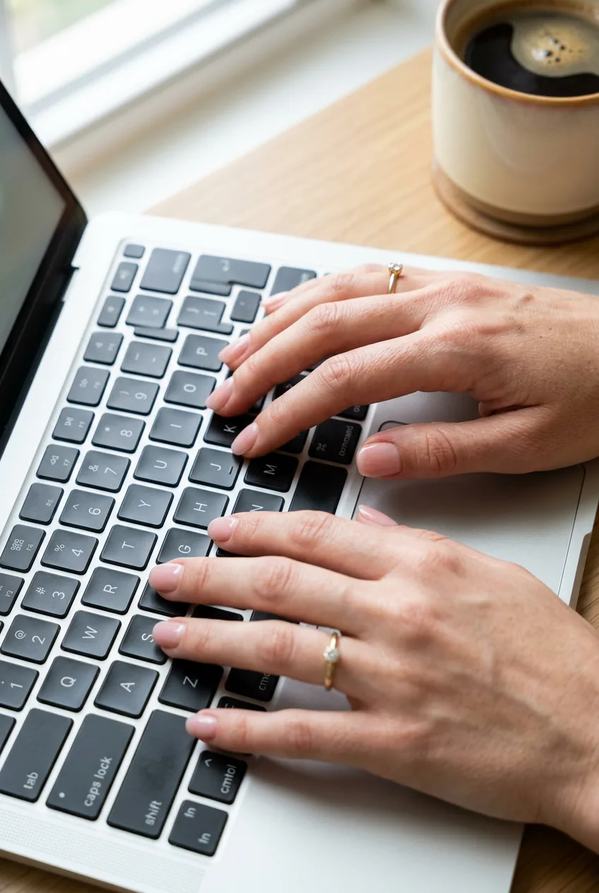 Overhead close-up of hands with short sheer pink acrylic nails typing on a laptop keyboard in soft window light