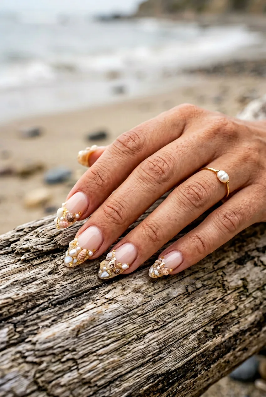 Shell-encrusted nail tips with real shells and pearls resting on weathered driftwood