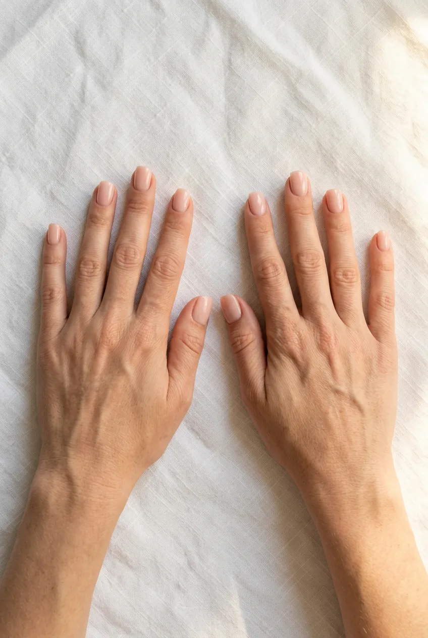 Overhead close-up of both hands with short acrylic nails spread open on a white linen surface in golden light
