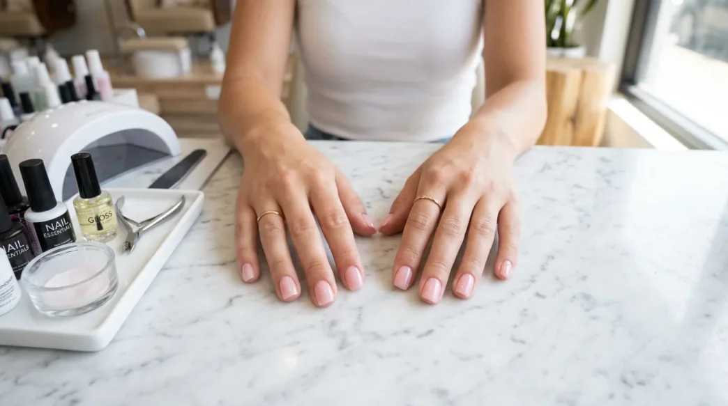Close-up of freshly applied short squoval acrylic nails in sheer pink resting on a marble nail salon counter