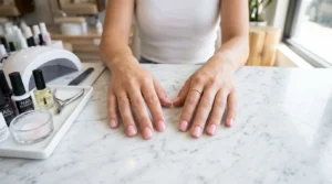 Close-up of freshly applied short squoval acrylic nails in sheer pink resting on a marble nail salon counter
