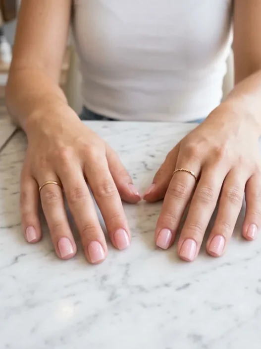 Close-up of freshly applied short squoval acrylic nails in sheer pink resting on a marble nail salon counter