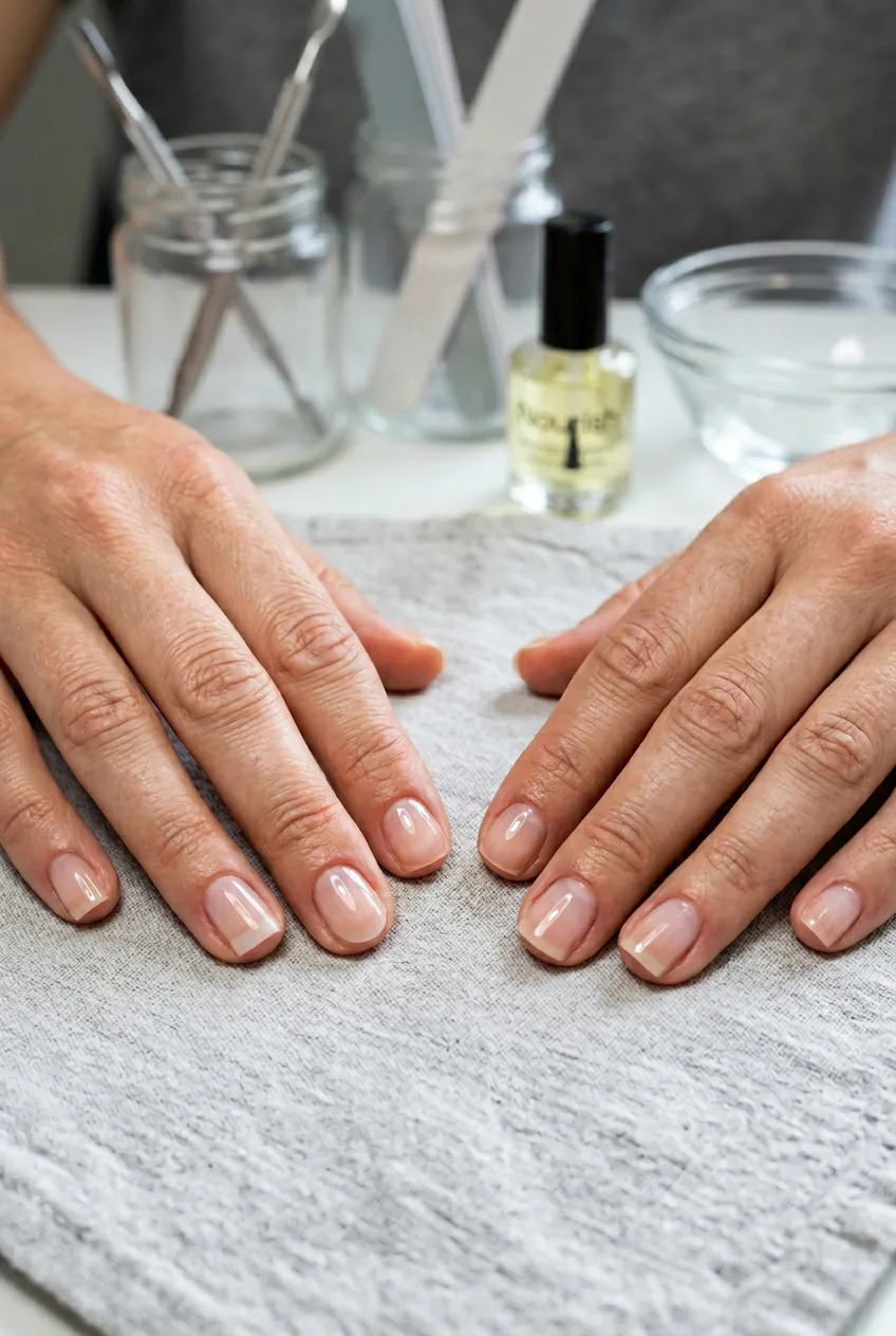 Woman's hands displaying different nail shapes including round, square and squoval on short nails for comparison