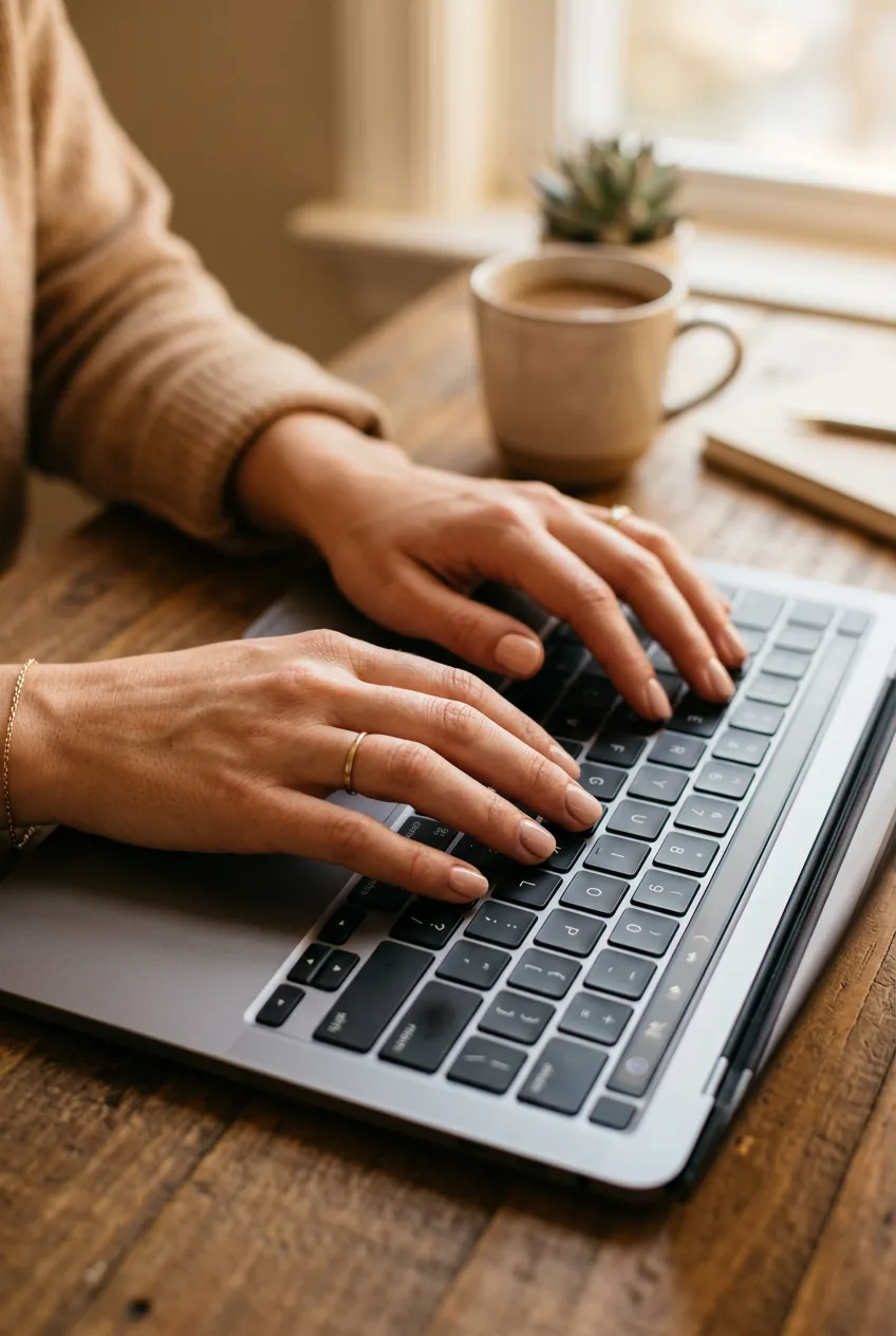 Woman's hands with short rounded natural nails in nude polish typing on laptop keyboard