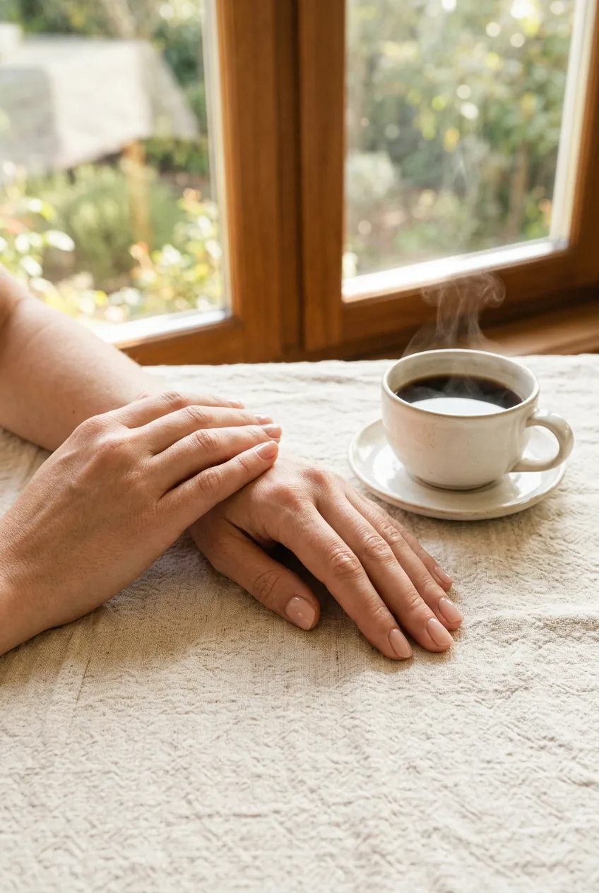 Overhead close-up of two hands with short nude manicure resting on linen tablecloth beside morning coffee
