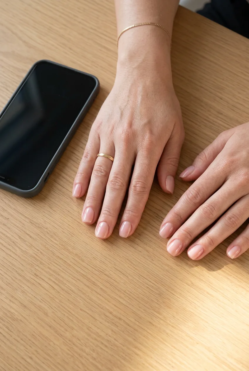 Flatlay close-up of short squoval acrylic nails in blush pink on a light wood desk in morning sunlight