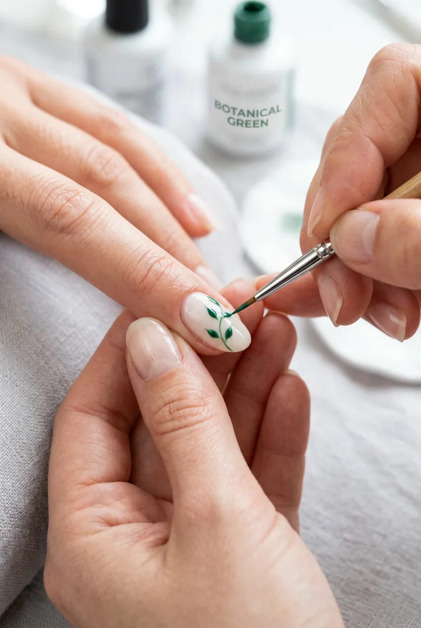 Nail art brush painting delicate leaf design with curved lines and teardrop shapes on nail