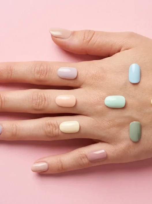 Collage of thirteen simple nail designs in soft pale tones arranged on a pastel pink backdrop under studio lighting