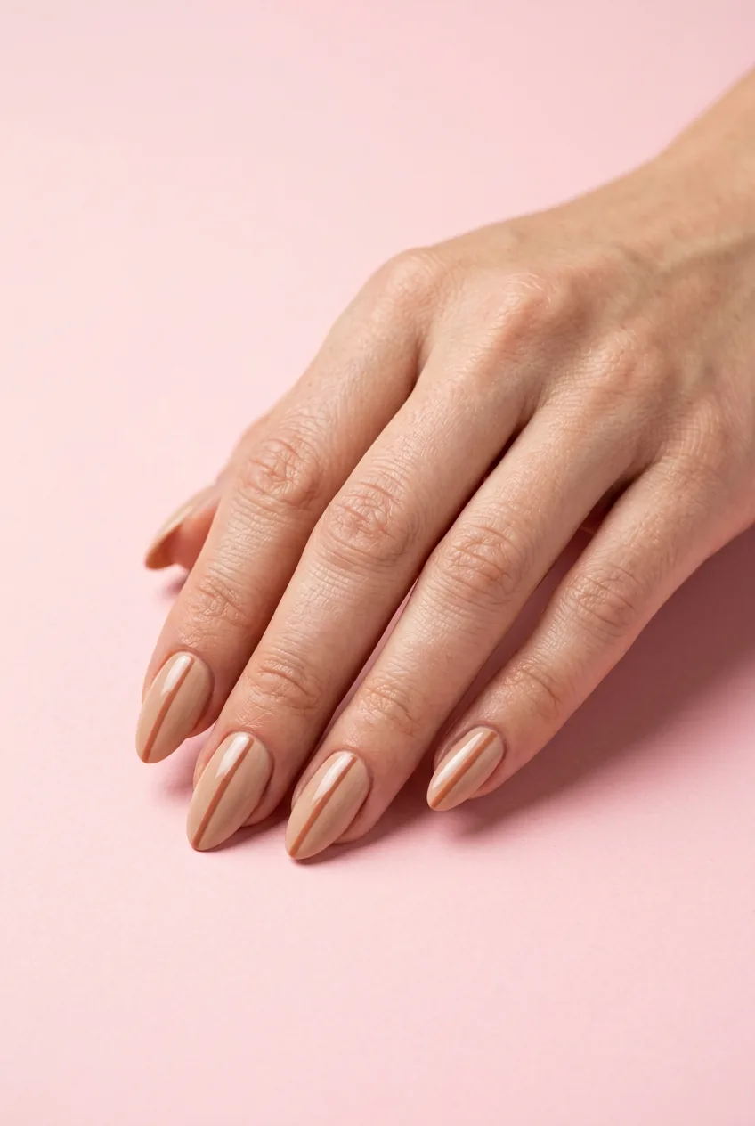 Medium almond nails in warm neutral base with a single thin vertical line down the centre on a pink backdrop