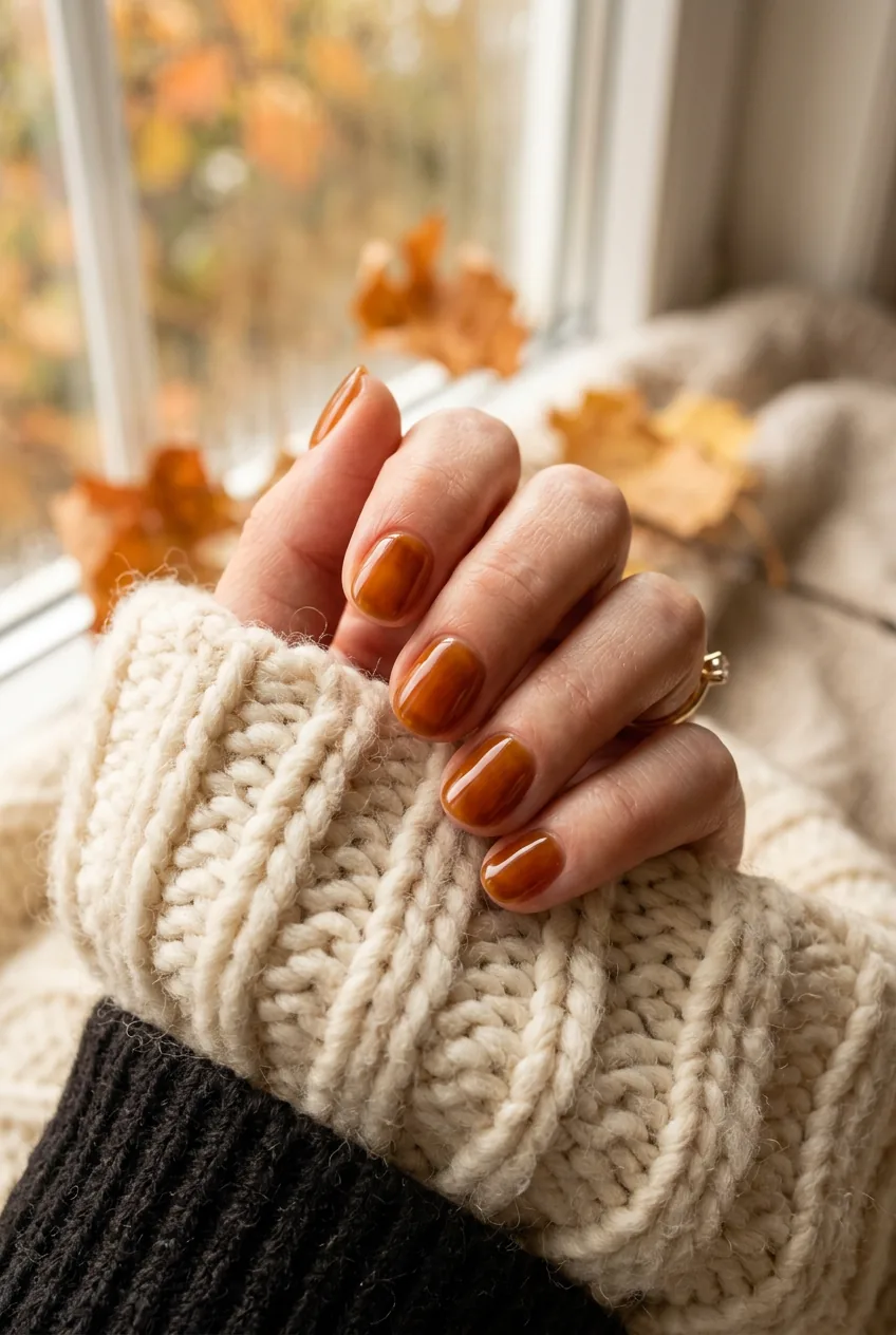 Woman's short round nails in warm amber smoked-glass semi-translucent gel finish resting on chunky cream knit fabric