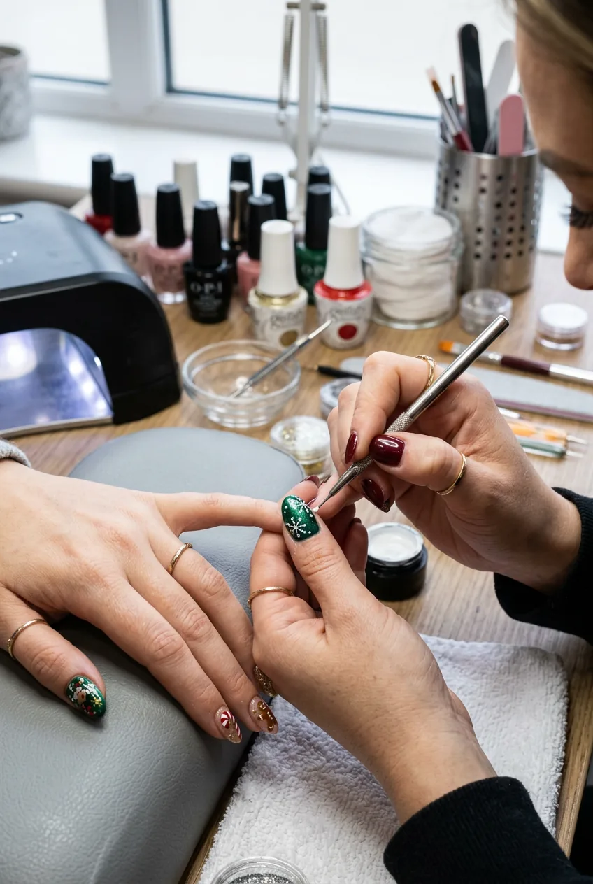 White snowflake dots being created on Christmas nail design using professional dotting tool