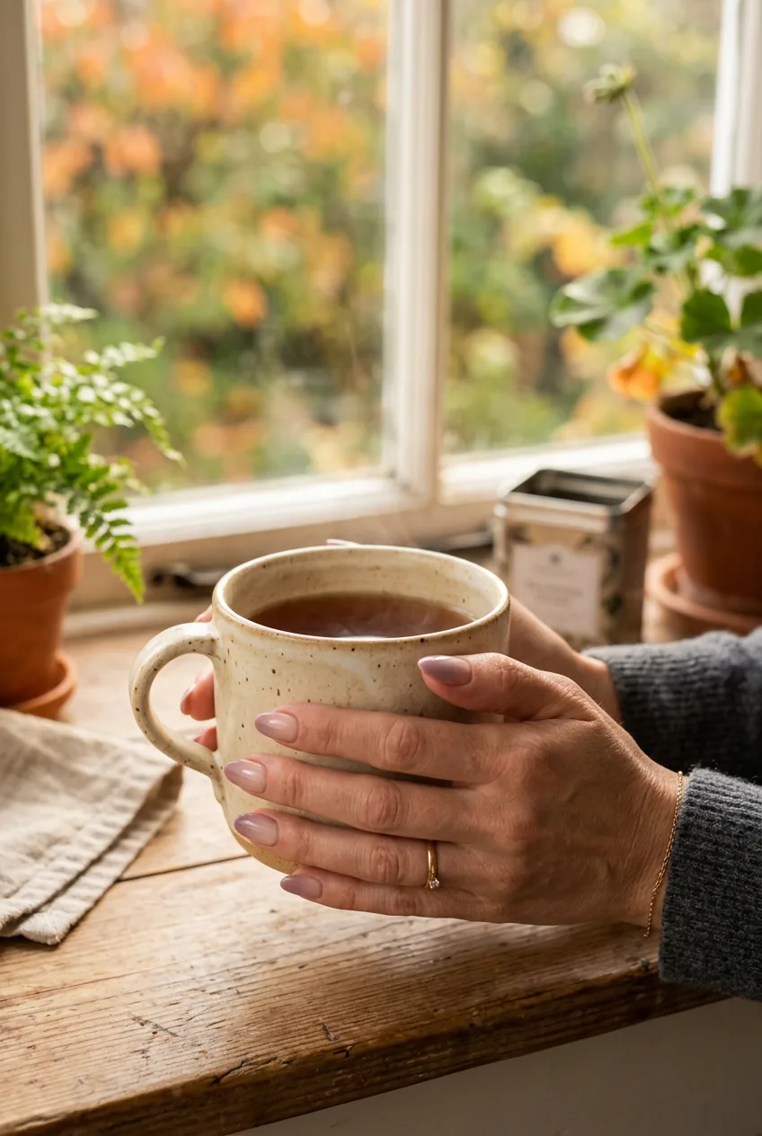 Woman's hand holding a ceramic mug showing a barely-there soft ombre gradient from pale sand to dusty mauve at nail tips