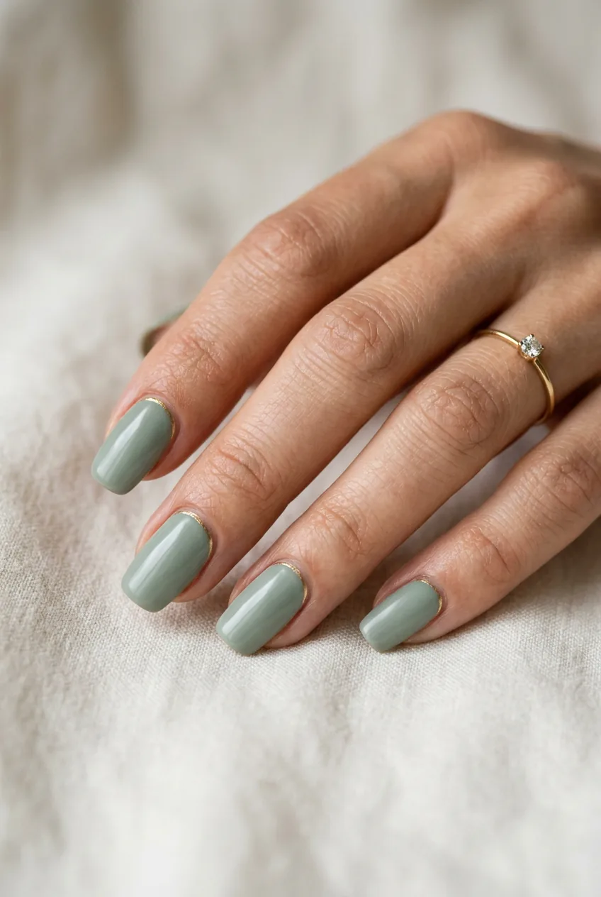 Woman's hand showing medium nails in dusty sage green with delicate gold accent lines along cuticles
