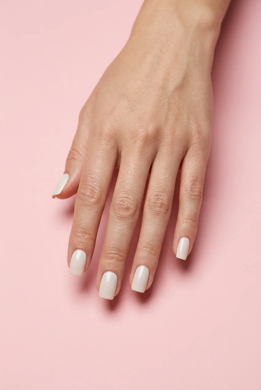 Medium square nails in a soft off-white linen-toned opaque satin finish fingers extended on a pastel pink backdrop