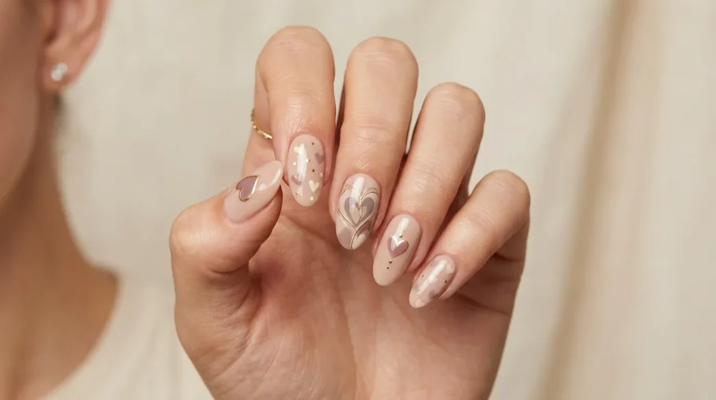 Woman's hand showing sophisticated heart nail art designs in muted earth tones with soft studio lighting