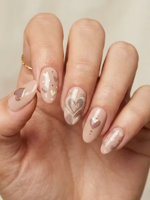 Woman's hand showing sophisticated heart nail art designs in muted earth tones with soft studio lighting