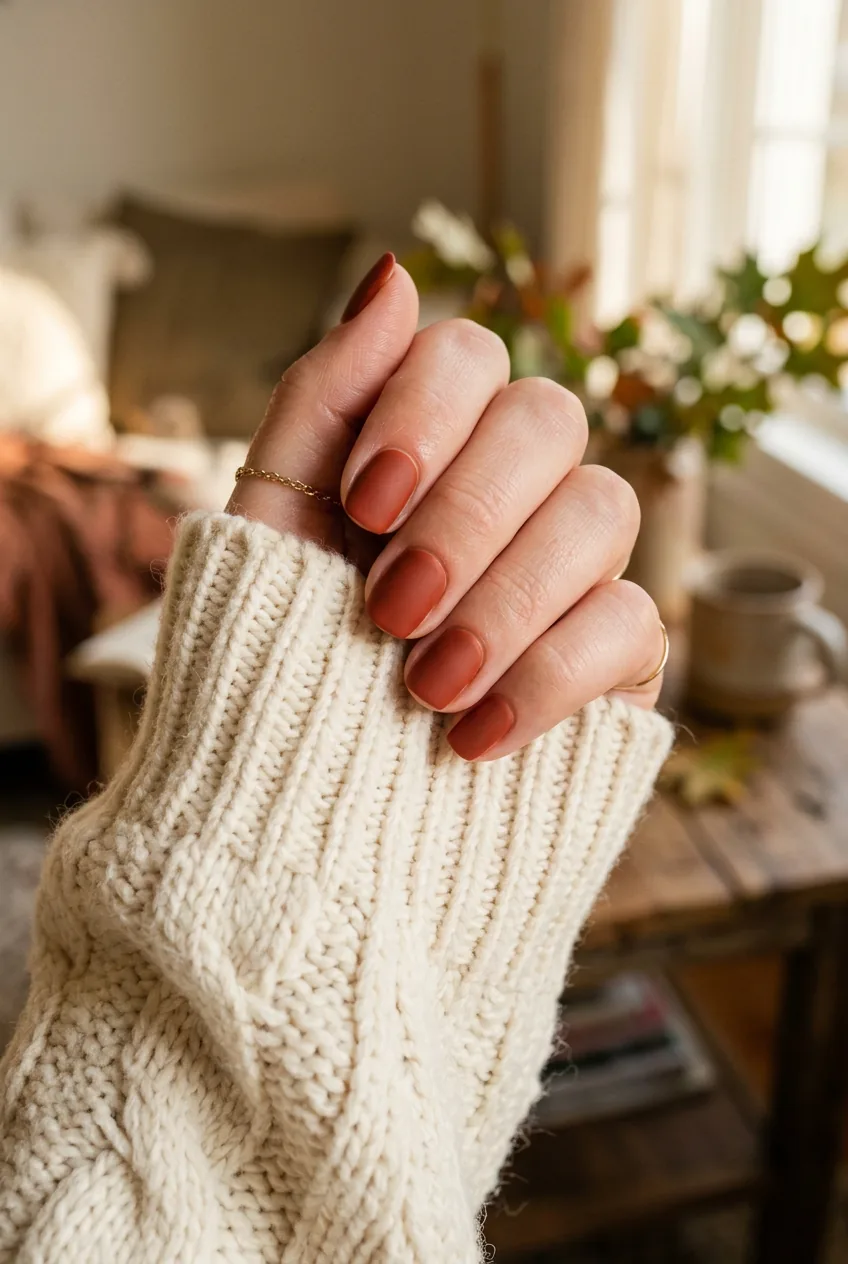 Close-up of hand with spiced terracotta matte nails in burnt sienna-red resting on cream textured chunky knit sweater sleeve