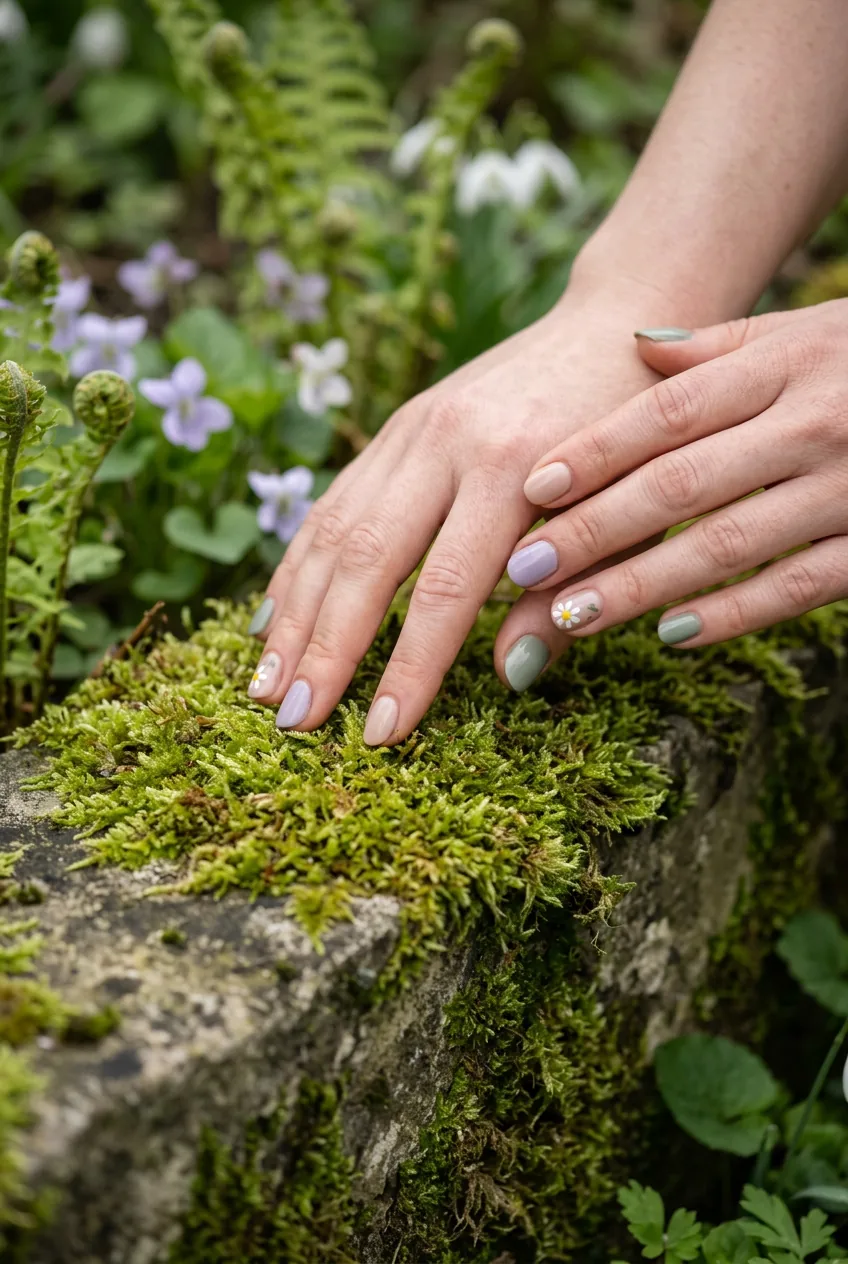 Hands with spring nail colors delicately touching moss-covered stone surface in garden with soft lighting