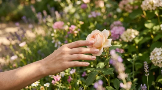 Manicured hand with spring nail colors reaching toward single flower bloom in garden bed with dappled sunlight