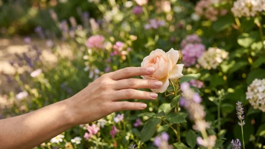 Manicured hand with spring nail colors reaching toward single flower bloom in garden bed with dappled sunlight
