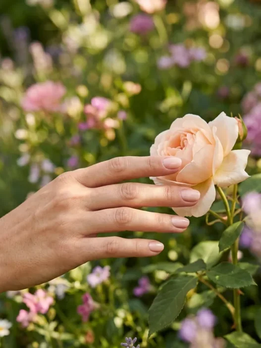 Manicured hand with spring nail colors reaching toward single flower bloom in garden bed with dappled sunlight