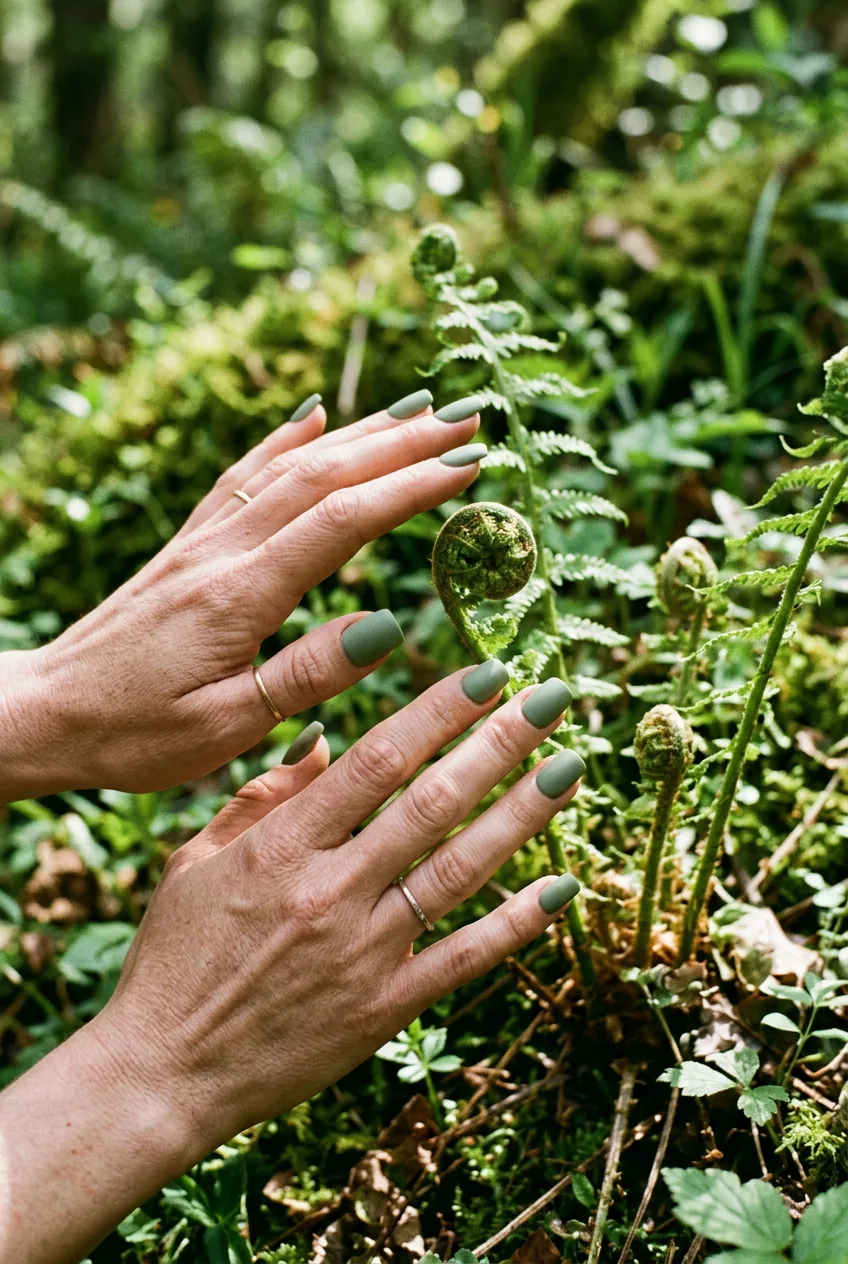 Artistic shot of square squoval sage green nails reaching toward unfurling fern fronds in forest setting