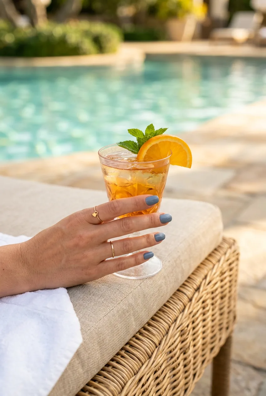Close-up of a hand with dusty steel blue nails holding a citrus cocktail glass on a sunlit pool deck lounger