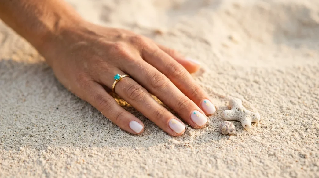 Manicured hand with summer nail design resting on warm beach sand with coral shell beside fingertips