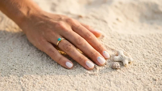 Manicured hand with summer nail design resting on warm beach sand with coral shell beside fingertips