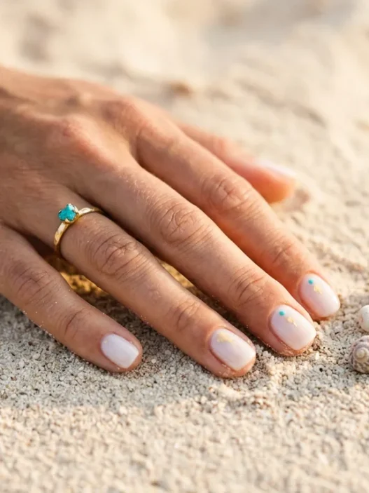 Manicured hand with summer nail design resting on warm beach sand with coral shell beside fingertips