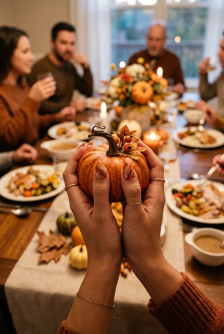 Family gathering hands with terracotta marble nails holding pumpkin at Thanksgiving dinner table