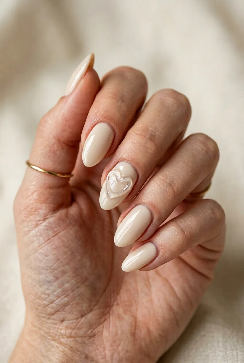 Woman's hand showing textured 3D raised heart design creating shadow and dimension on single statement nail