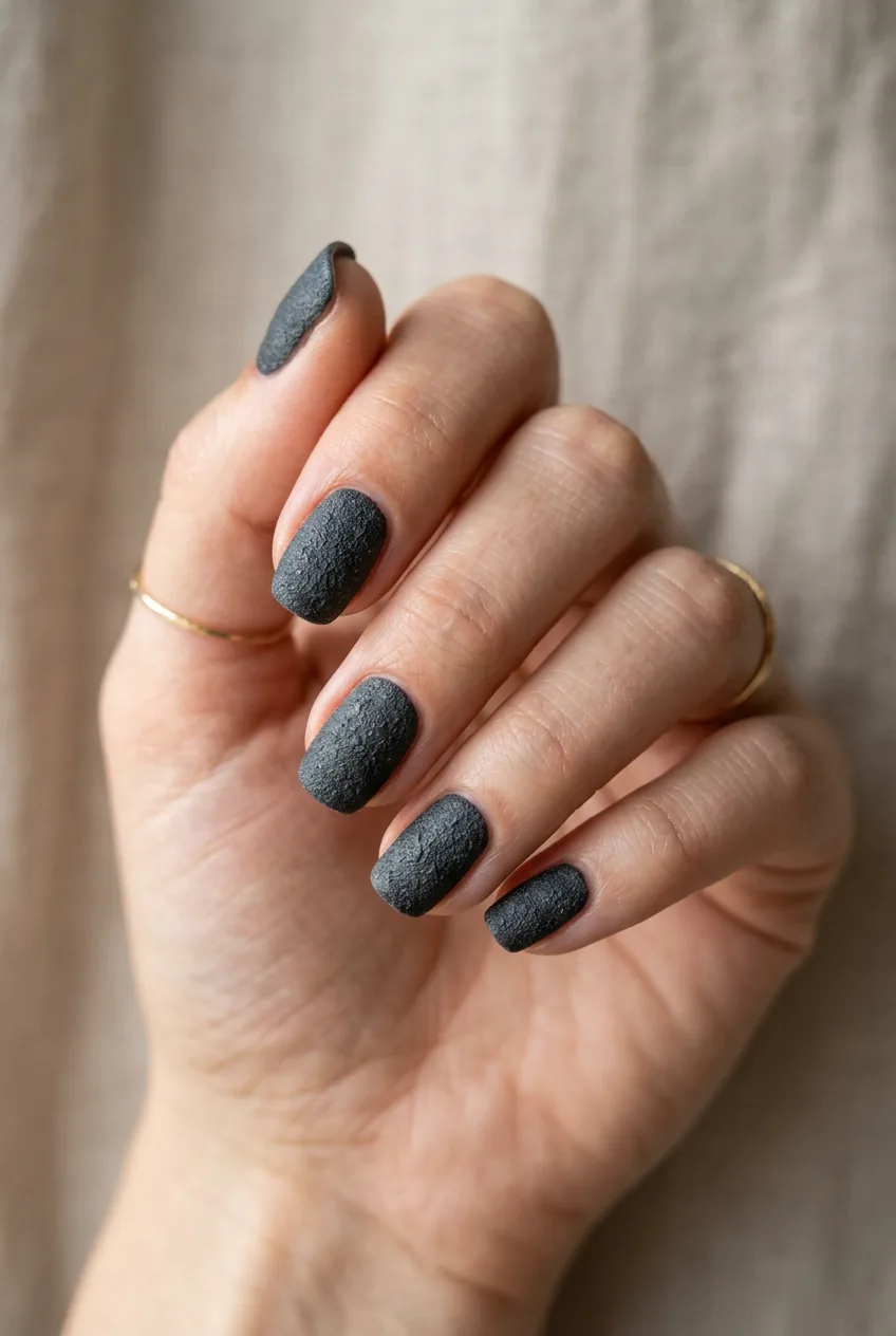 Woman's hand displaying short nails with textured matte charcoal finish showing stone-like rough surface
