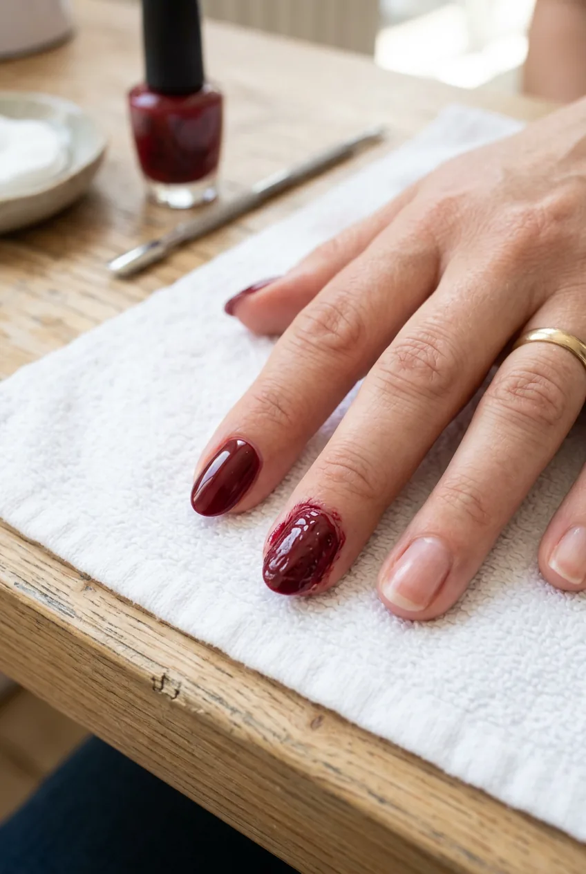 Side view comparison of thick versus thin polish application techniques on short nails showing texture differences