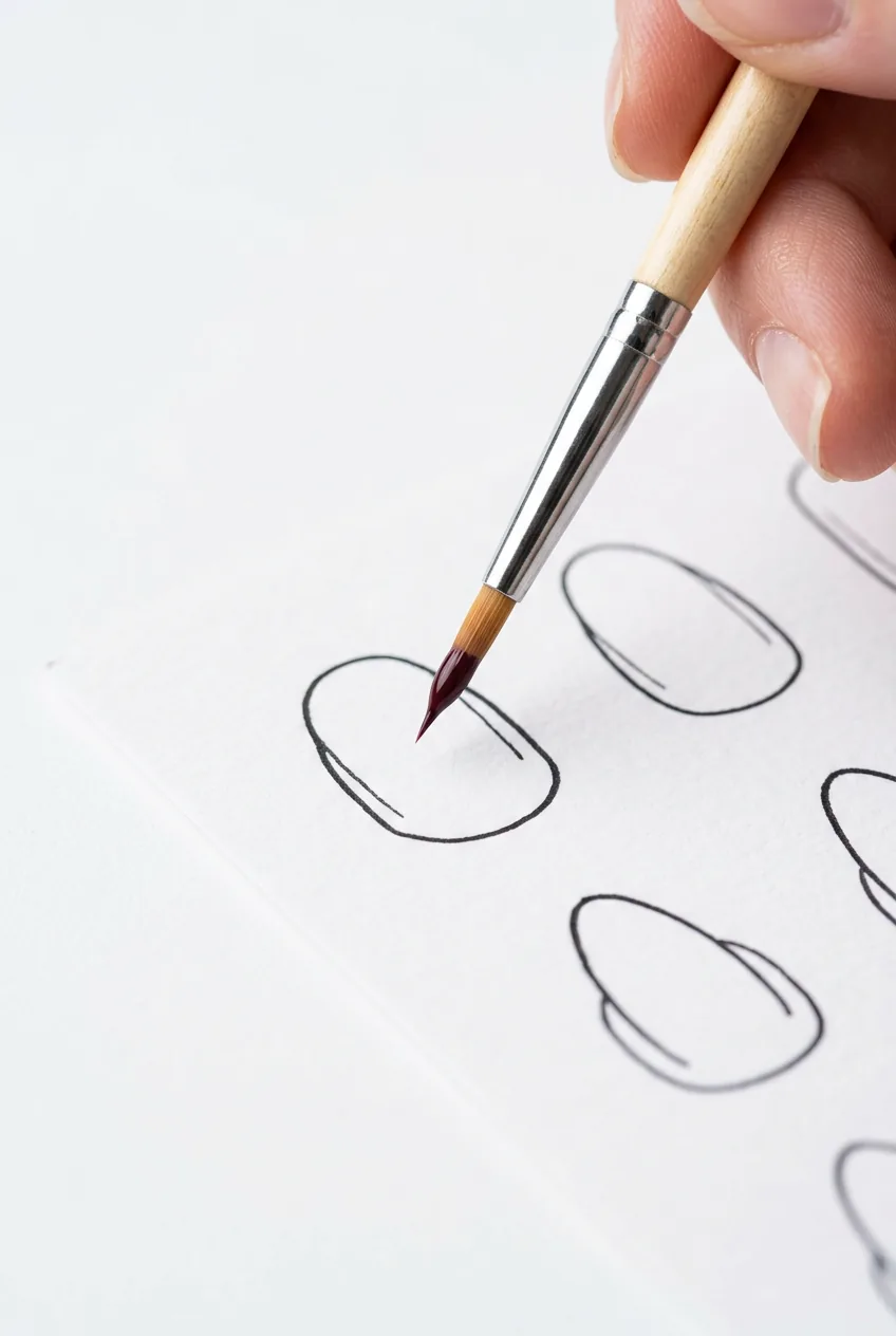 Thin liner brush loaded with polish positioned above white practice paper with drawn nail outlines